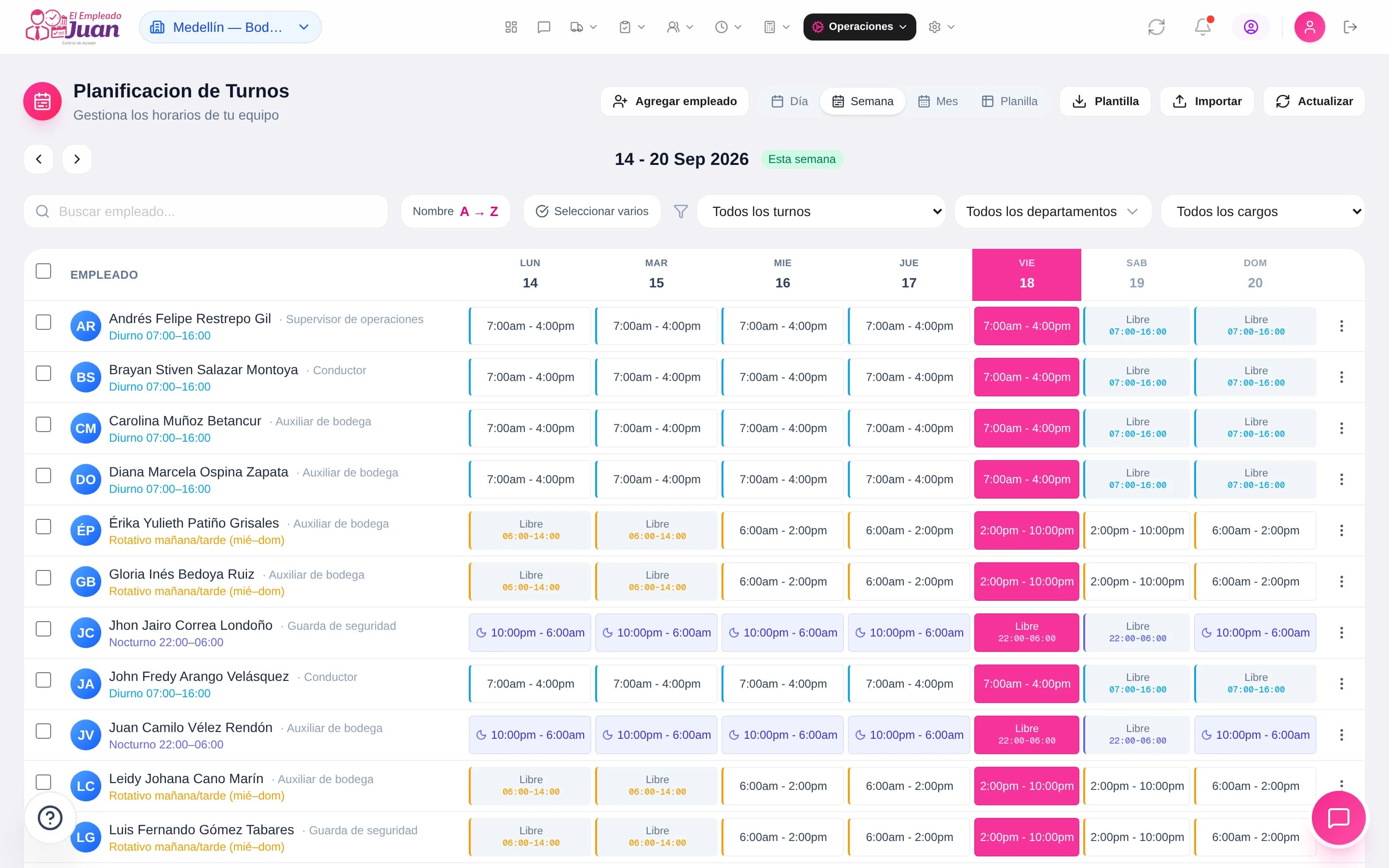 Programación de turnos en Juan, con nombres y datos ficticios