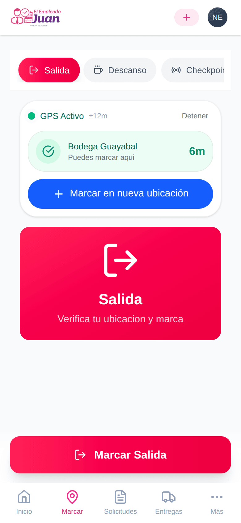 Portal móvil de Juan: marcación de asistencia y ubicación del registro
