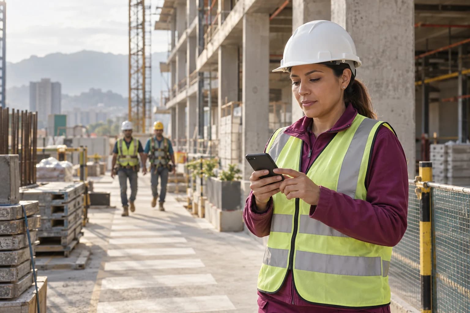 Escena ilustrativa de una supervisora consultando el celular en un frente de obra