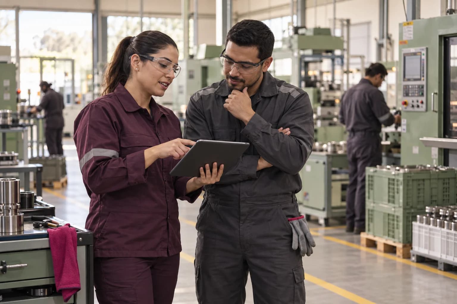 Escena ilustrativa de supervisores revisando un turno con una tablet en una planta de manufactura