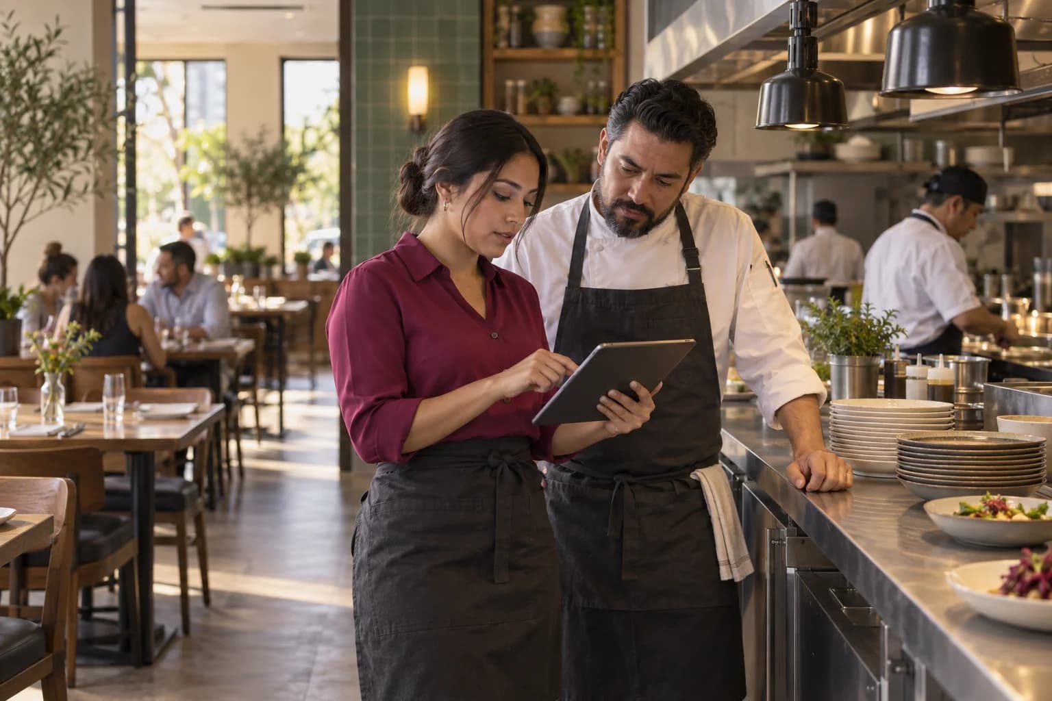Escena ilustrativa de una administradora y un chef revisando la organización del equipo en un restaurante