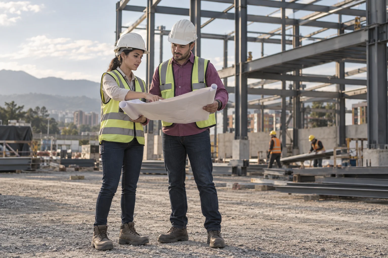 Escena ficticia de supervisores revisando planos junto a una estructura metálica en construcción