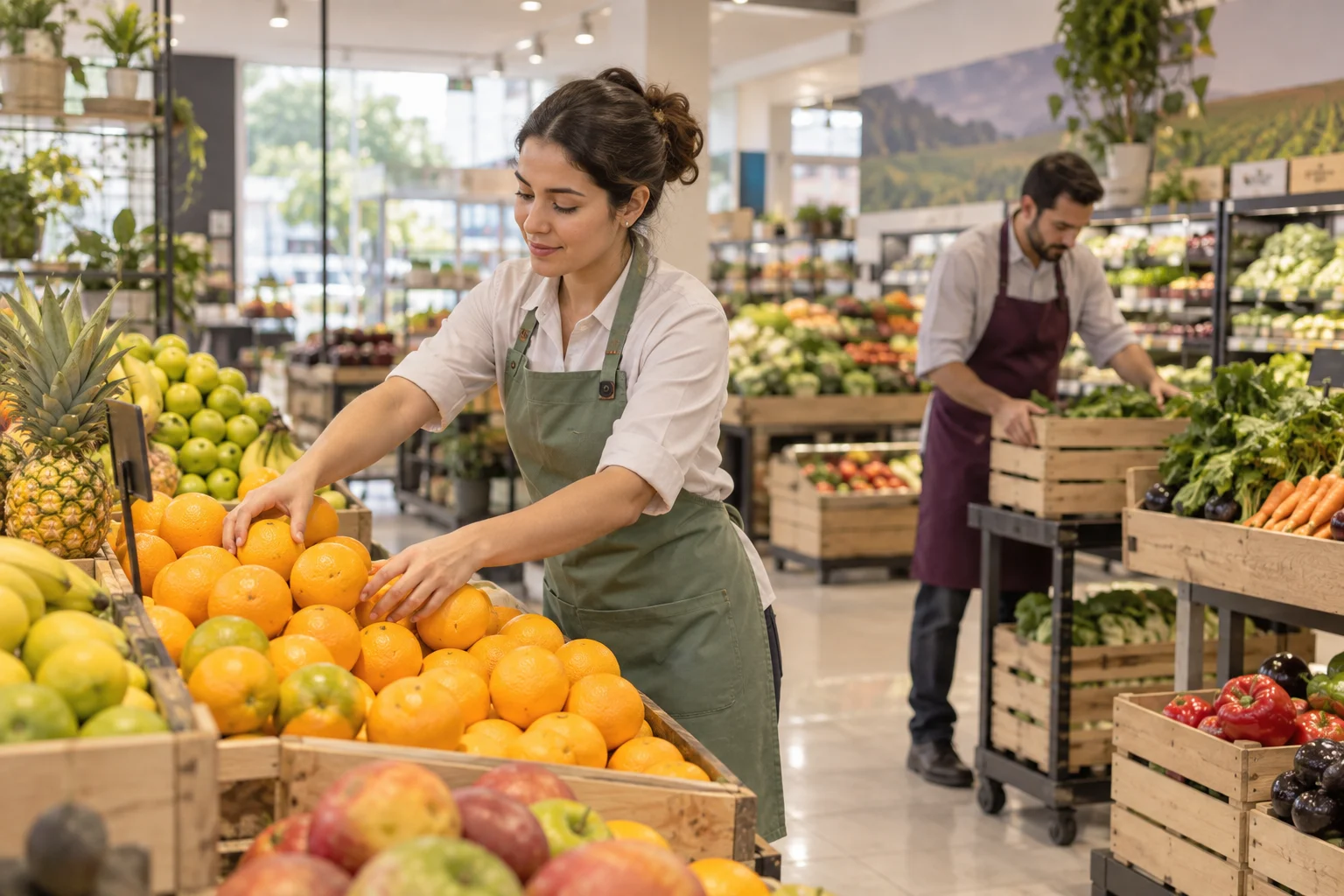 Escena ficticia de personal organizando frutas y verduras antes de abrir el supermercado