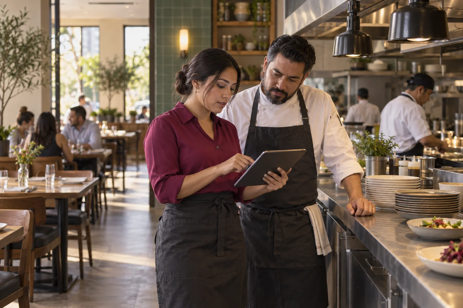 Escena ilustrativa de una administradora y un chef revisando la organización del equipo en un restaurante